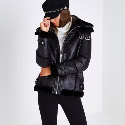 Black faux leather aviator jacket | River Island (US)