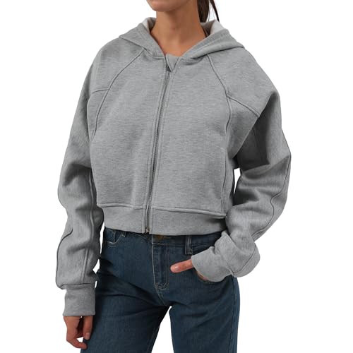 Amazhiyu Women' s Fleece Oversized Full-Zip Cropped Hoodie Winter Crop Top Heather Grey, Small | Amazon (US)