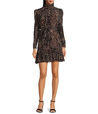 Alex Marie Petite Size Carley Leopard Velvet Burnout Long Sleeve Mini Dress - 8P | Dillard's