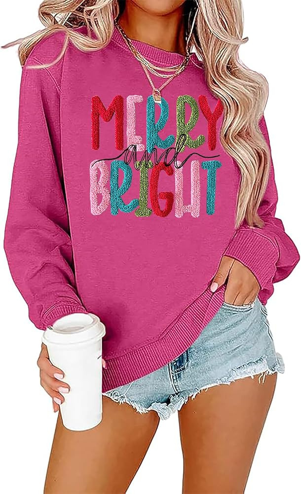 Merry Christmas Sweatshirts Women Merry And Bright Christmas Pullover Top Chenille Patch Letter P... | Amazon (US)