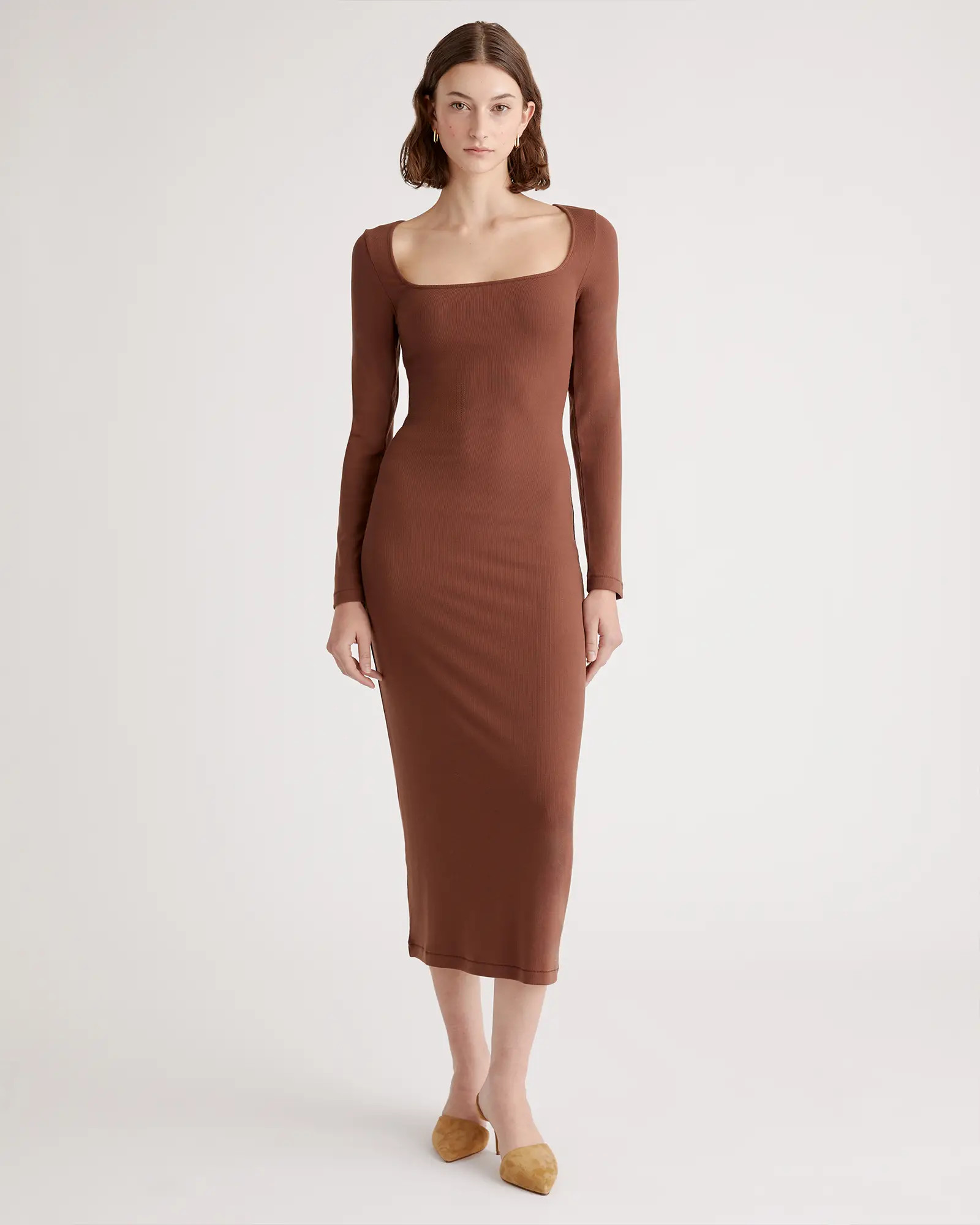 Tencel Rib Knit Long Sleeve Square Neck Dress | Quince