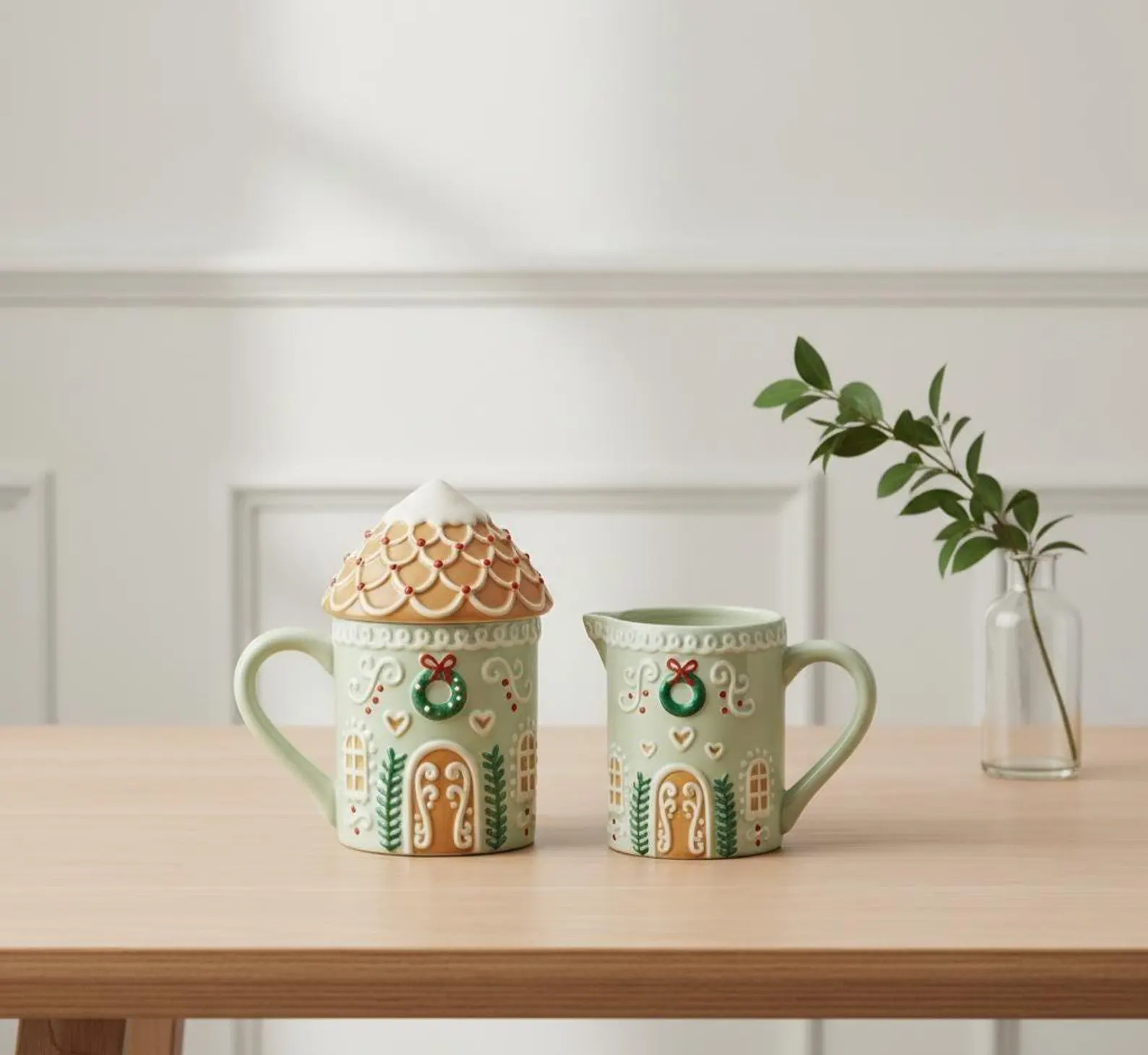 Gingerbread House Mug With Lid and Milk Jug Set Christmas Ceramic Gingerbread Mug Holiday Drinkwa... | Etsy (US)