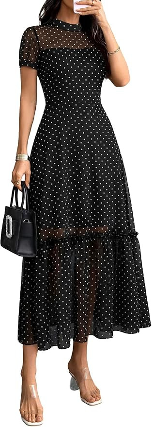 GothDark Women's Summer Floral Mesh Ruffle Dress Short Sleeve Round Neck Waist Cinched Casual Max... | Amazon (US)