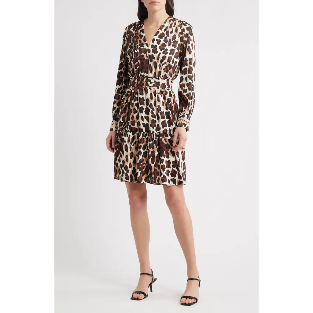 Anne Klein Long Sleeve Leopard Print Minidress in Ivory Shell Multi at Nordstrom, Size X-Small | Nordstrom