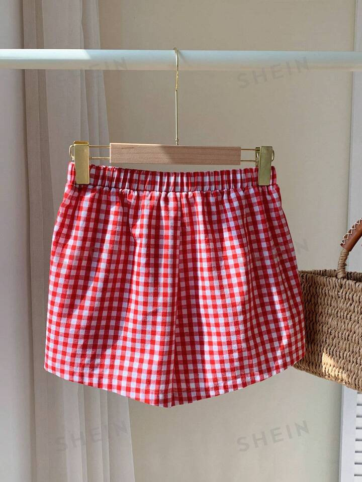 SHEIN EZwear Shorts rojos de tartán tejido holgado y casual para mujeres de talla grande | SHEIN... | SHEIN