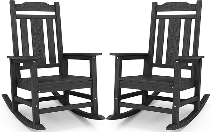 SERWALL Black Outdoor Rocking Chair Set of 2, All Weather Patio Rocking Chair, HDPE Poly Rocking ... | Amazon (US)