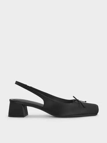 Satin Bow Square-Toe Slingback Pumps
    
         - Black Textured | Charles & Keith CA