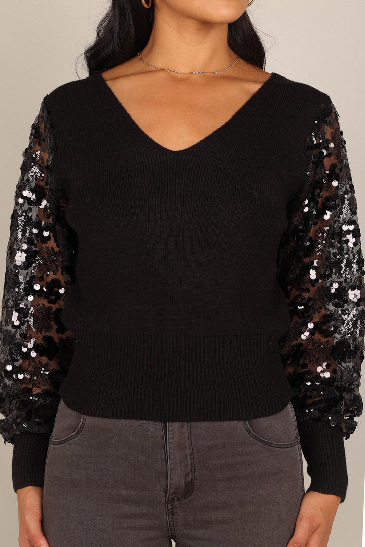 Alexa Sequin Sleeve Vneck Knit Sweater - Black | Petal & Pup (US)