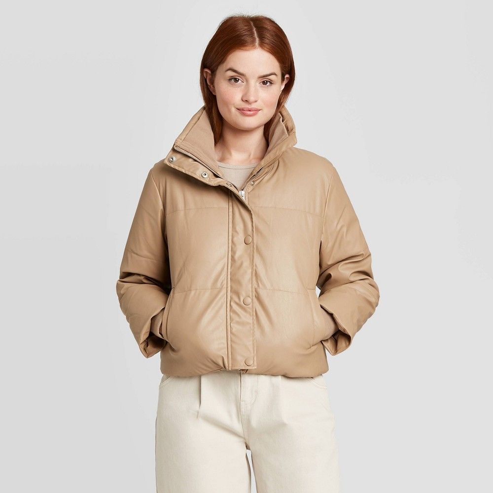 Women's Long Sleeve Cropped Faux Leather Puffer Jacket - Prologue Light Brown S | Target