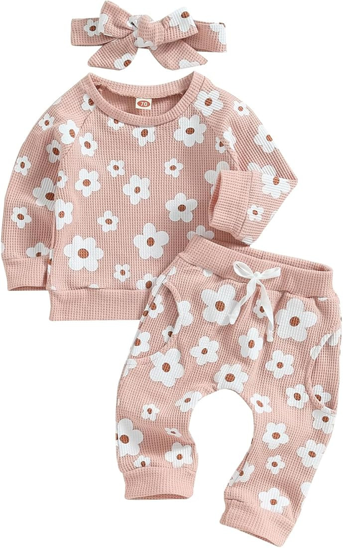 SHIBAOZI Newborn Infant Baby Girl Spring Waffle Outfits Toddler Clothes Long Sleeve Sweatshirt He... | Amazon (US)