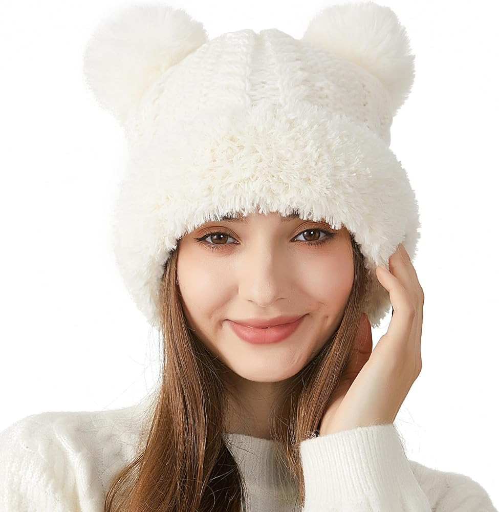 Peicees Knitted Beanie with Fur Pompom for Women Girls Chunky Winter Beanie Hat Warm Fleece Lined... | Amazon (US)