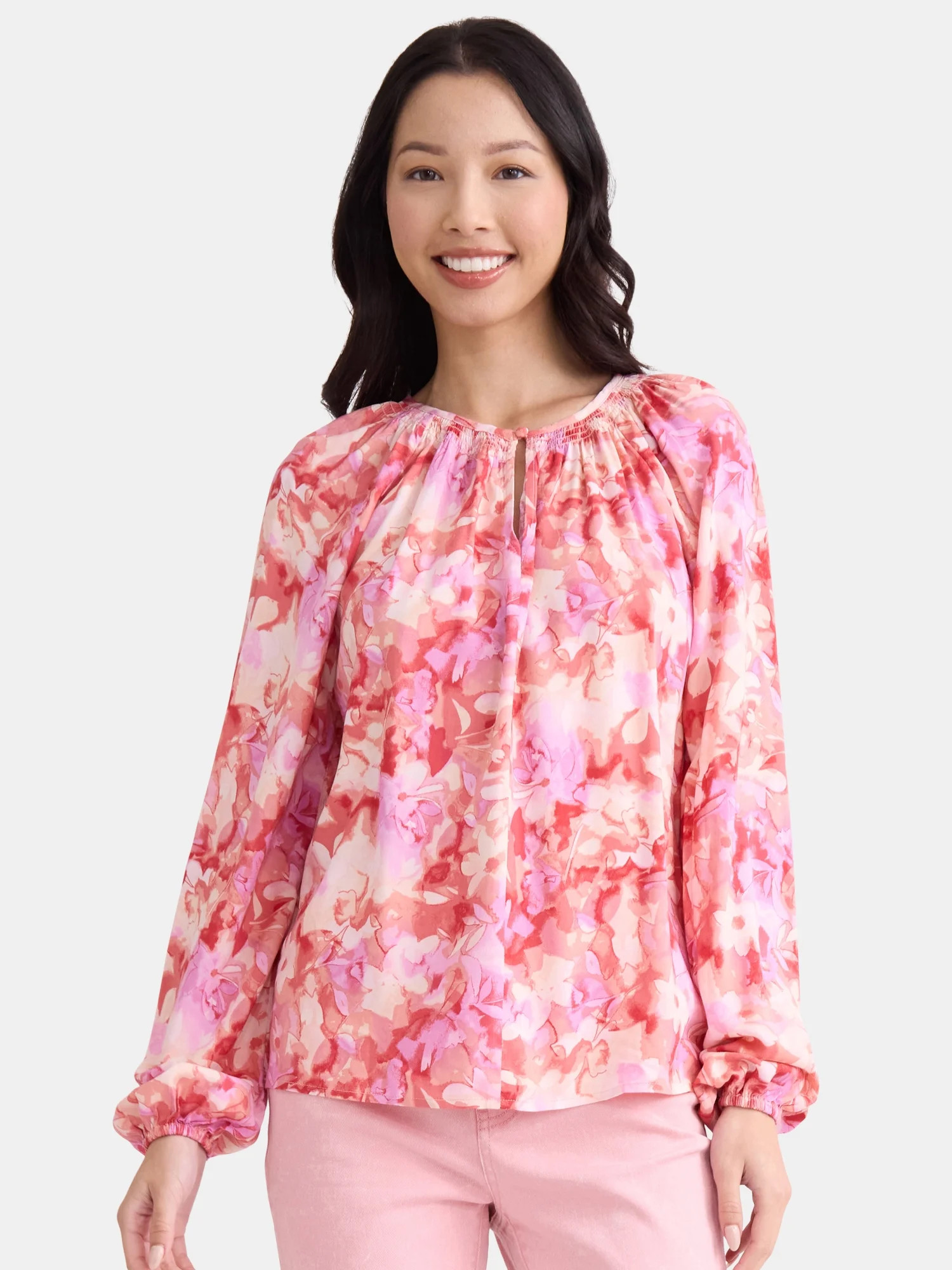 Time and Tru Women’s and Women’s Plus Printed Smocked Blouse, Sizes XS-4X | Walmart (US)