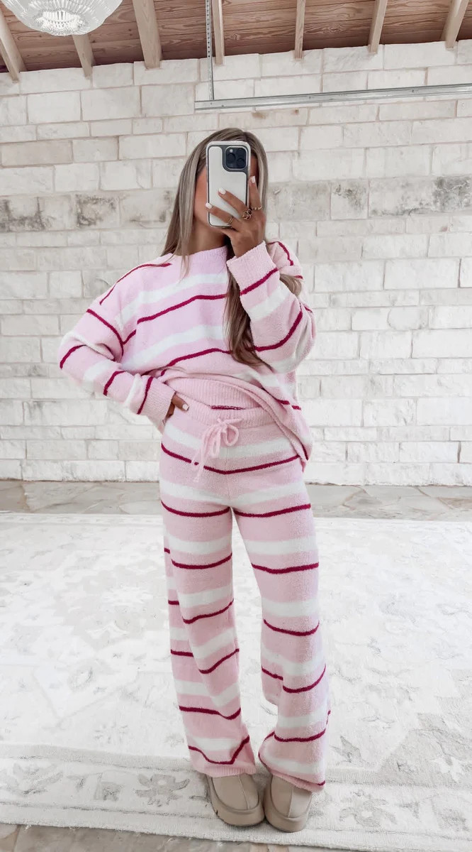 Promise You Forever Long Sleeve Striped Sweater & Wide Leg Pant Set - Lt. Pink/Cream | CK Squared Boutique