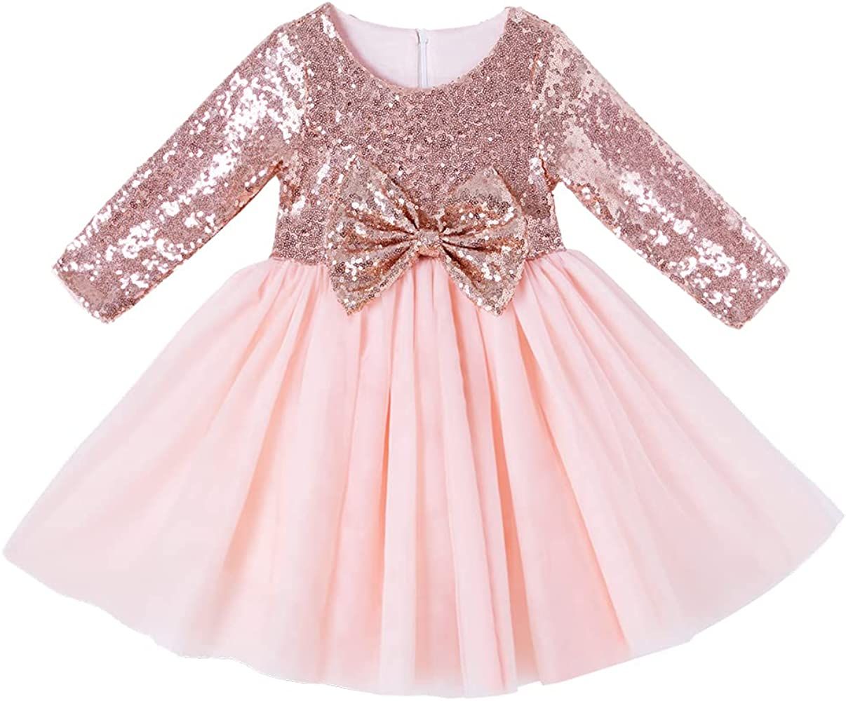 Cilucu Flower Girl Dresses Toddlers Sequin Party Dress Tutu Prom Cocktail Gown with Long Sleeve Rose | Amazon (US)