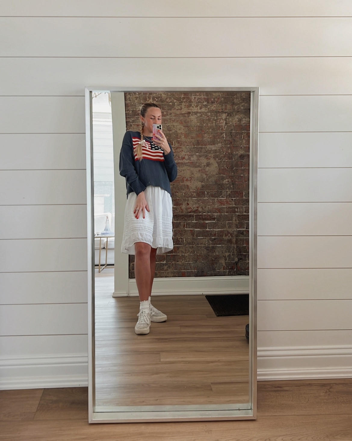 I have loved the classic American flag sweater that Ralph Lauren makes for years but I haven’t felt like I would wear it enough to buy it- so when Old Navy came out with these sweaters I jumped on it immediately!! It’s already oversized, so you could stay true to size and still get a boxy look! (Split sides which is very bump friendly) And have also decided to wear it every chance I get! I feel like the quality is good, and the colors are a bit muted which I love! Keeping it with a Ralph Lauren style I paired it with a white cotton dress I bought from TJ Maxx a few years ago- couldn’t find the exact one, so I linked a few that I think would be equally as cute!❤️🇺🇸

#LTKBump #LTKShoeCrush #LTKSeasonal