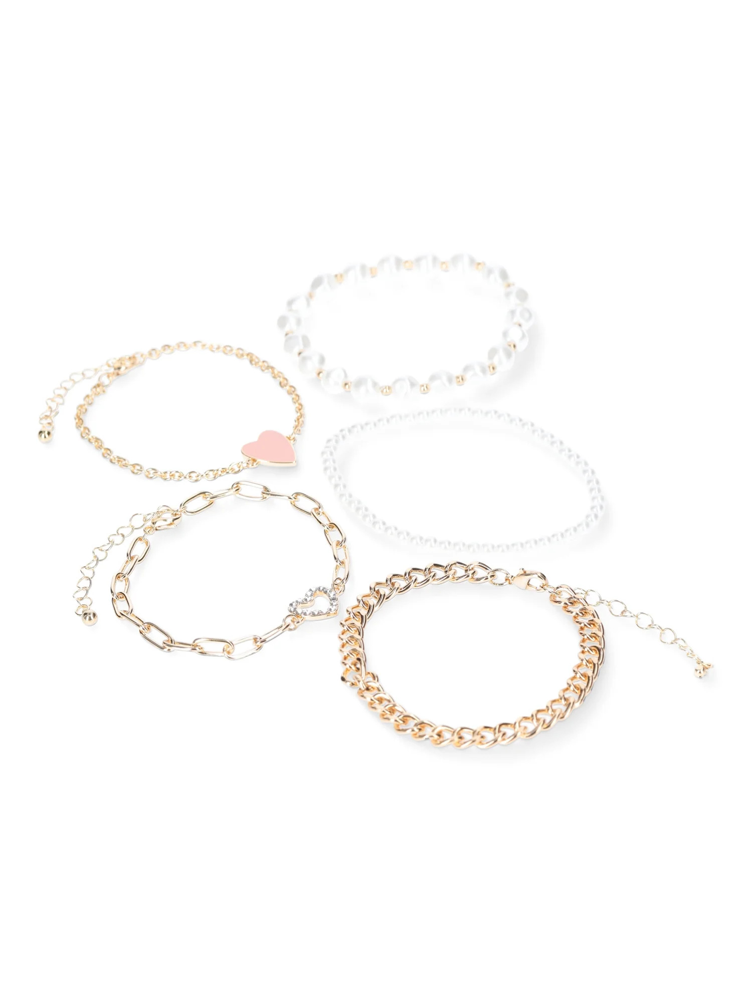 No Boundaries Pink Heart with Metal and Faux Pearl Beaded Stretch Bracelet Set, 5-Pack, Women's | Walmart (US)