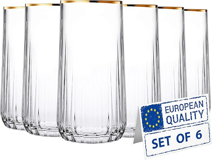 Gold Rimmed Drinking Glasses | Set of 6 | 12.15oz Durable Water Glasses Drinkware Set | Tall Glas... | Amazon (US)