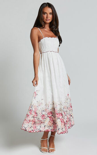 Abellina Midi Dress - Spaghetti Strap Sundress With Contrasting Wave Stitching in White | Showpo (ANZ)