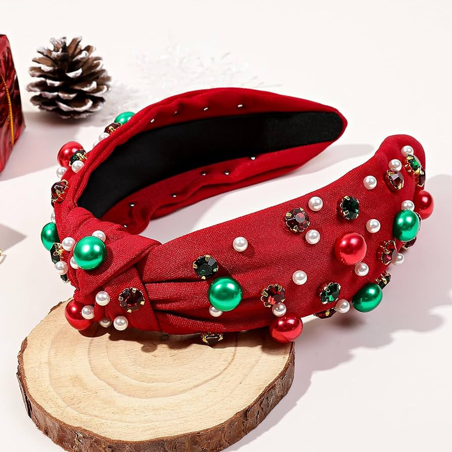 Ivyu Christmas Headbands for Women Adults Girls Red Headband with Jeweled Pearl Sparkly Headbands | Amazon (US)