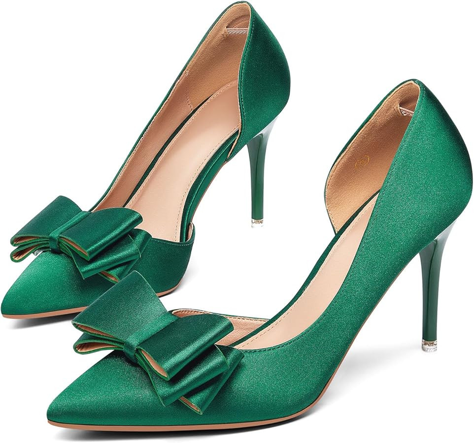 Womens Bow Heels Closed Pointed Toe Dress Shoes Stiletto Slip on Wedding Pumps | Amazon (US)