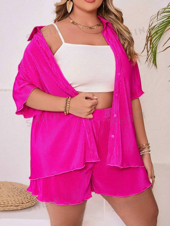 SHEIN VCAY Plus Size Casual Shirt & Shorts Set | SHEIN