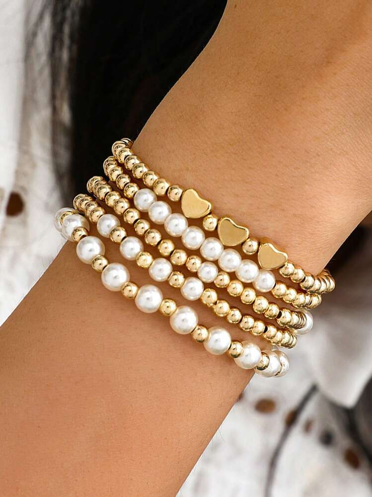 5pcs/Set Fashionable Heart Beaded Bracelet, Faux Pearl & CCB Beaded Bracelet Set Valentines | SHEIN