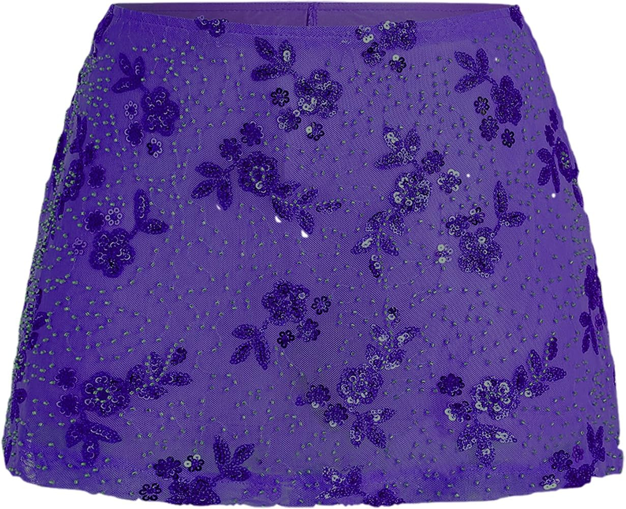 Women's Sequin Skirt Sparkly Low Rise Mini Skort Y2K Beaded Rhinestone Skirt Summer | Amazon (US)