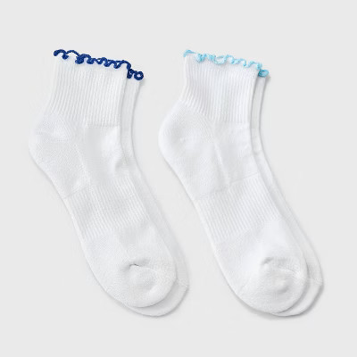 Women's Lettuce Edge Cushioned 2pk Ankle Socks - JoyLab™ White/Blue/Navy 4-10 | Target