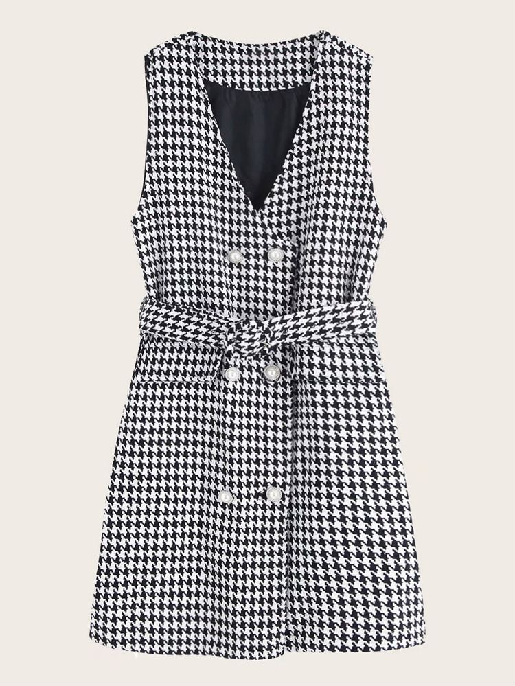 Double Button Houndstooth Belted Tweed Dress | SHEIN