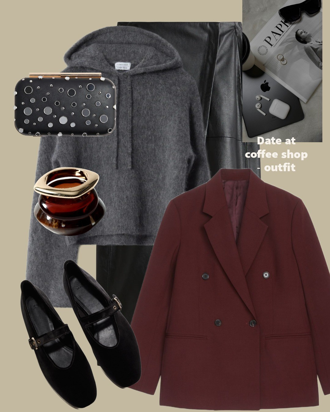 Effortlessly Chic Coffee DateA stylish option for a coffee date, this look combines a soft gray hoodie with an edgy leather skirt and a deep burgundy blazer for a pop of color. The Mary Jane flats and eye-catching clutch add a playful yet refined touch, while the gold-accented hair clip completes this cozy-meets-chic winter outfit.

#LTKworkwear #LTKwinter #LTKstyletip