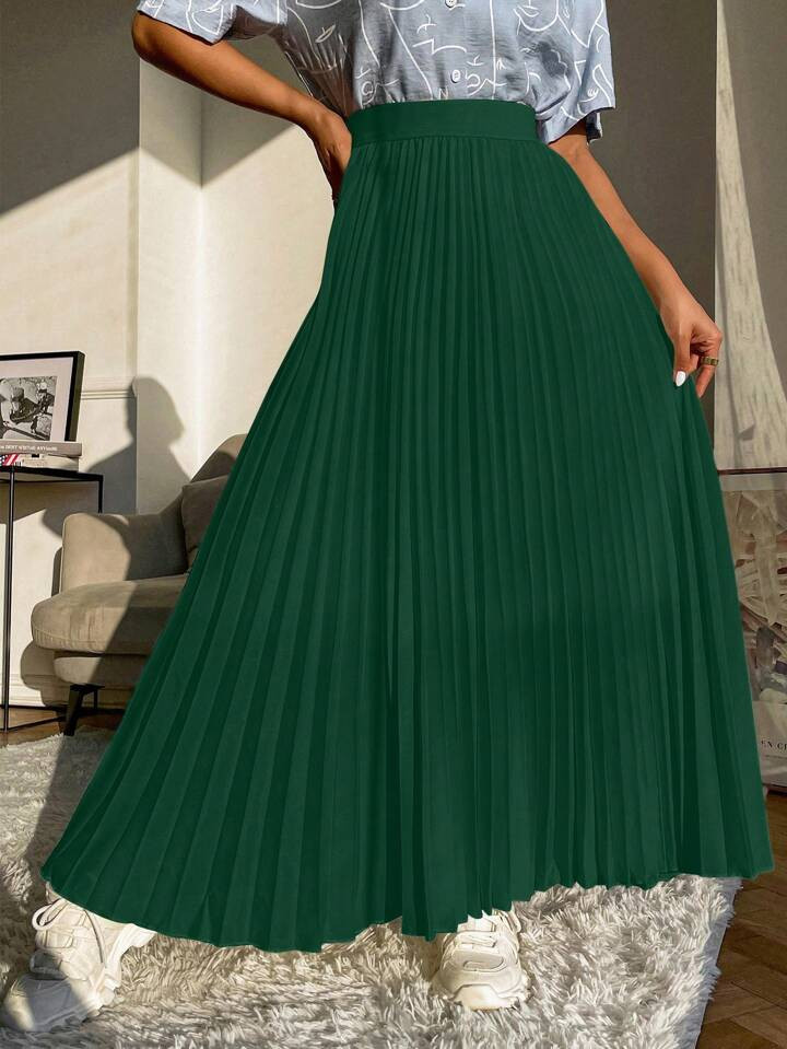 SHEIN Mulvari Solid Pleated Longline Skirt | SHEIN