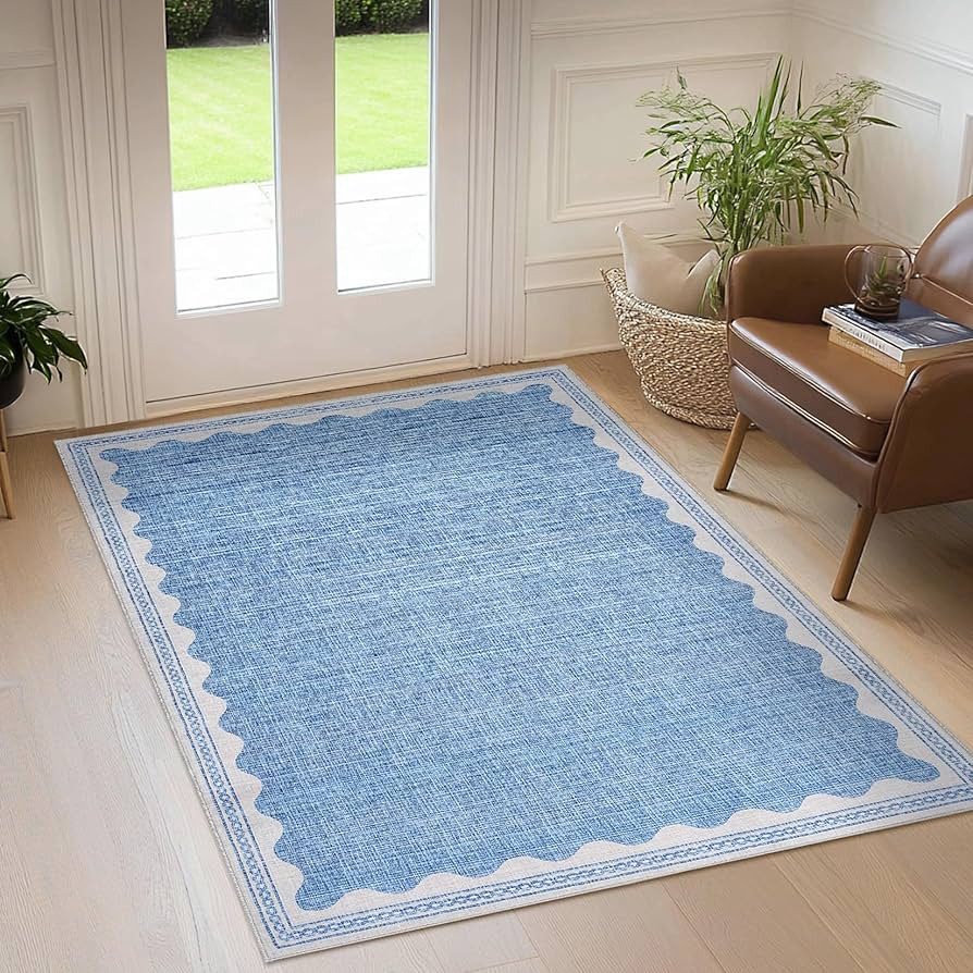 Scalloped 3x5 Rugs for Entryway, Small Area Rug Solid Blue Rug for Bedroom Girls, 3x5 Washable Ru... | Amazon (US)