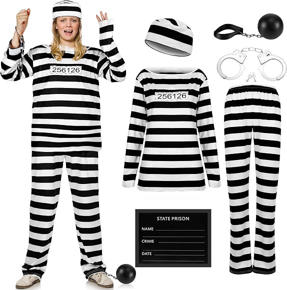 Eurzom 6 Pcs Prisoner Costume Women Striped Jail Costume Adult Inmate Costume Men Convict Costume... | Amazon (US)