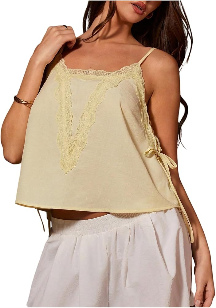 MakeMeChic Women's Lace Camisole Tops Summer Party Sleeveless Tie Side Spaghetti Strap Tank Top | Amazon (US)