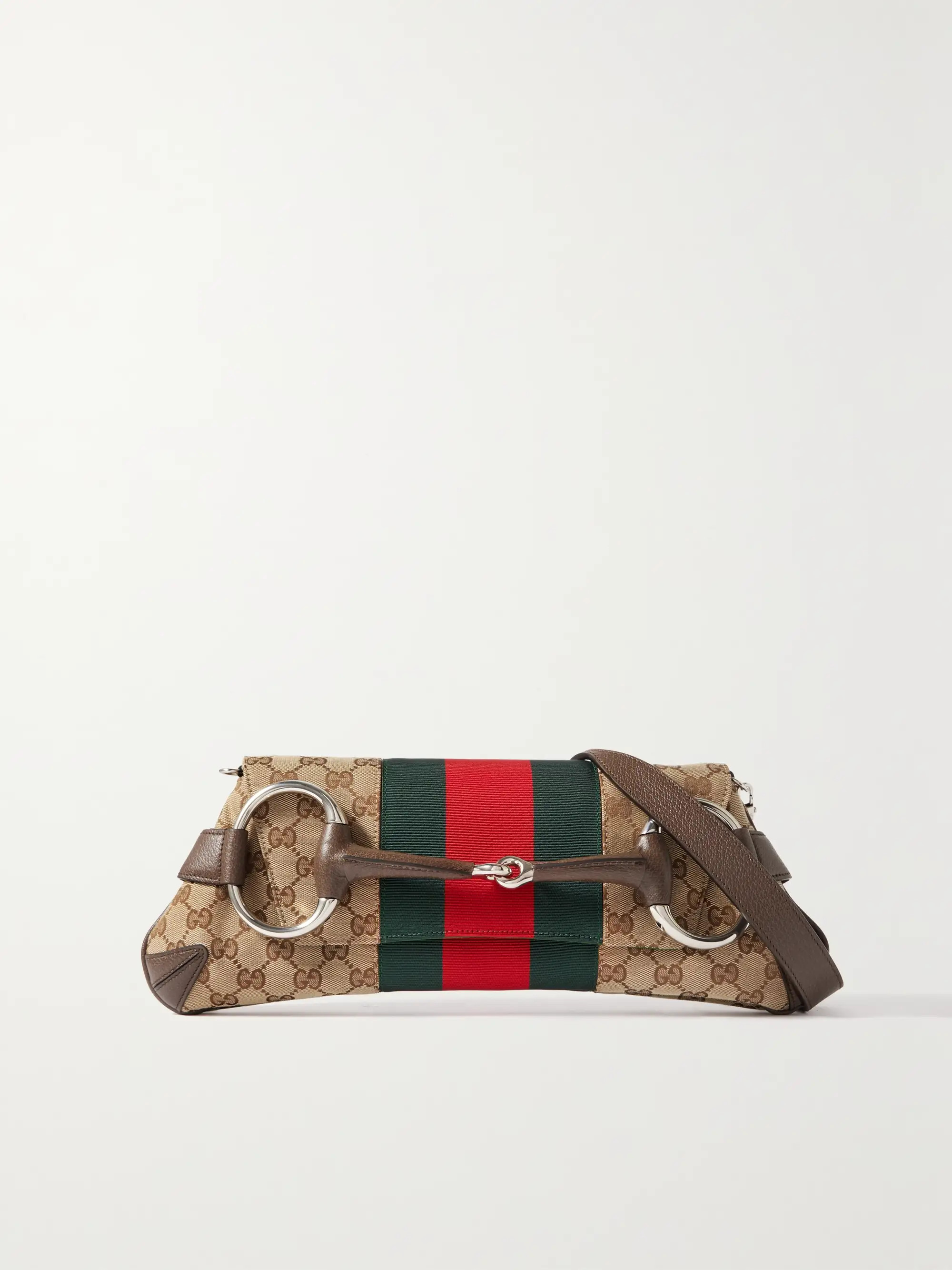 Horsebit-embellished webbing-trimmed canvas-jacquard shoulder bag | NET-A-PORTER APAC