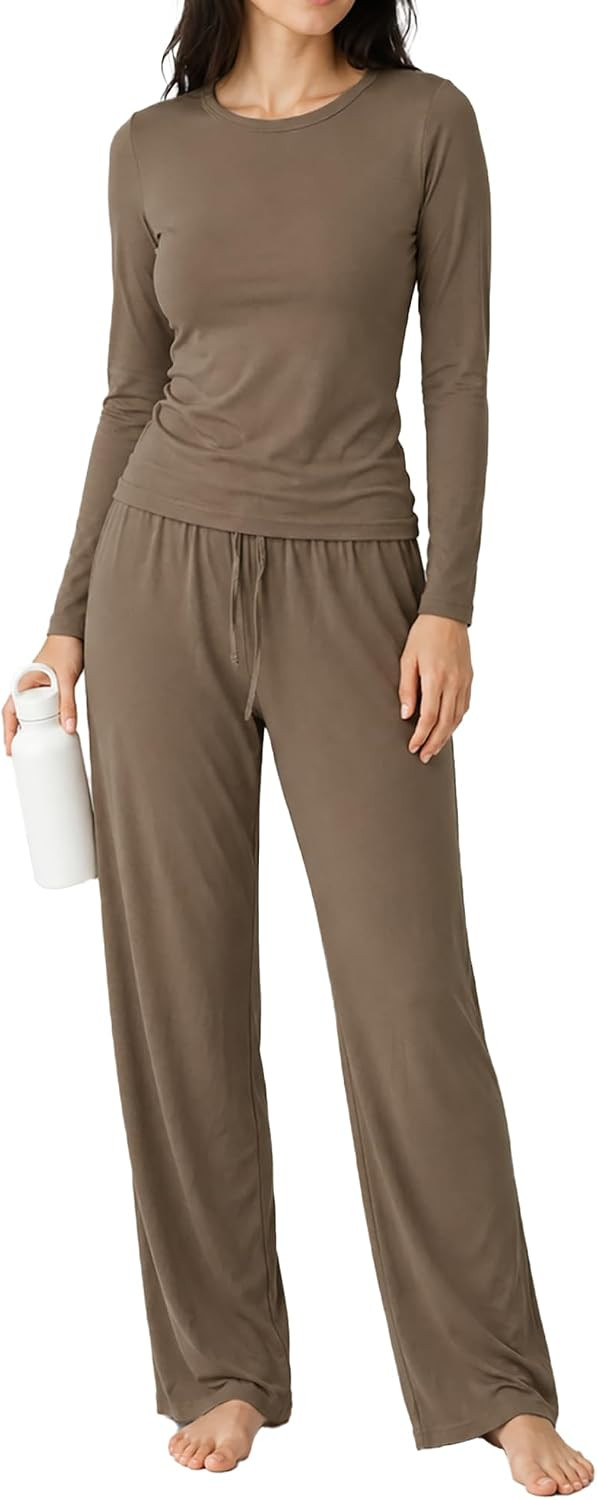 Zylioo Lounge Set for Tall Women Ribbed Long Sleeve Top Straight Leg Pants | Amazon (US)