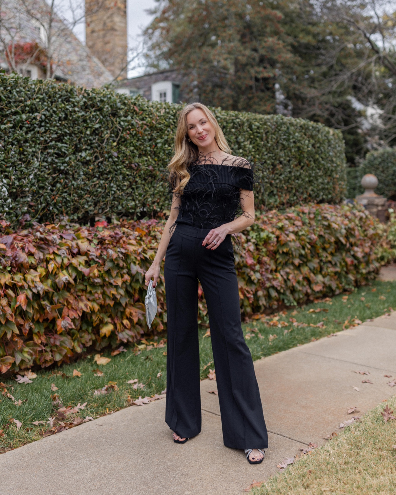 Glam holiday party outfit ✨Save $50 on every $200 you spend (everything I’m wearing is included) at @saks Cyber Monday sale through 11/28!

Wearing S in feather top, 6 in pants(they run long), true size in bow heels!

#saks #sakspartner #liketkit #holidayoutfit #holidaypartyoutfit #christmaspartyoutfit 

#LTKparties #LTKSeasonal #LTKHoliday