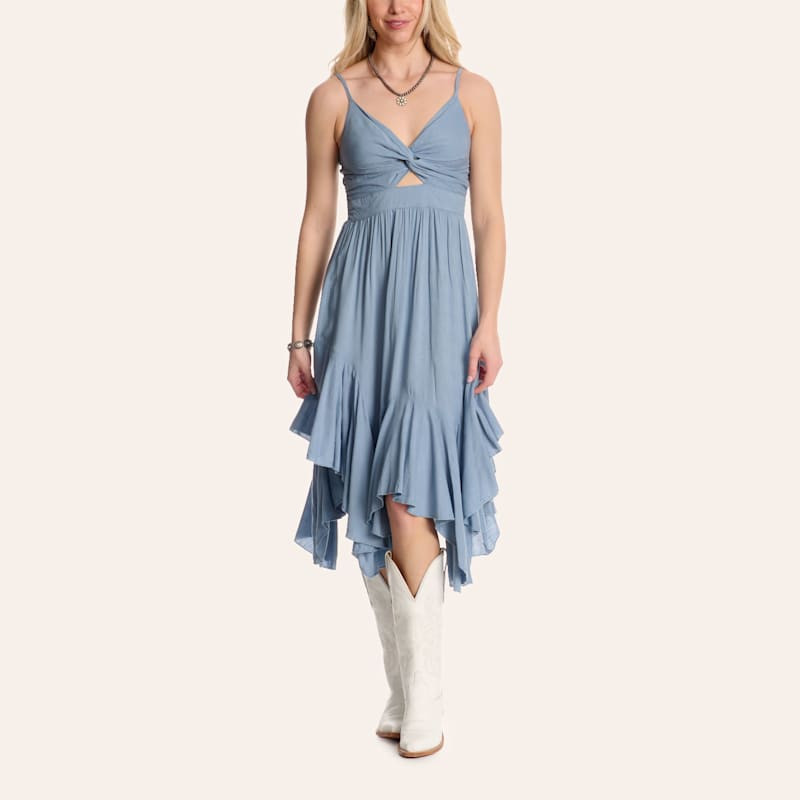 Angie Women's Slate Blue Twist-Front Ruffle Midi Dress | Cavender's