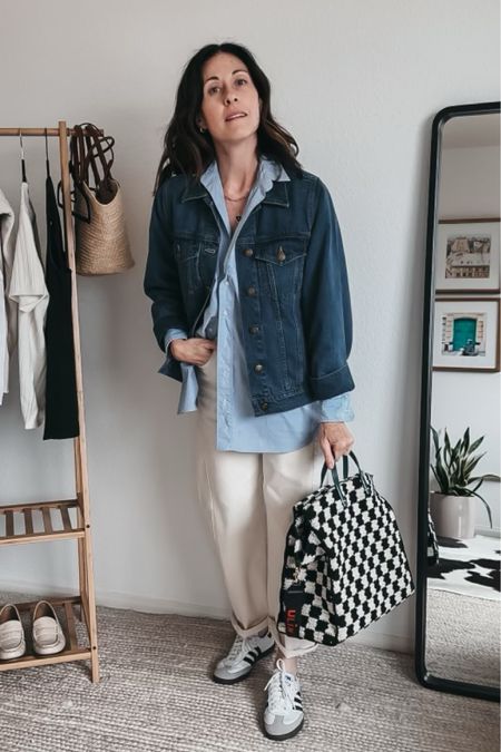 Jean Jacket - The Great (oversized fit) 
Blue Button down - Frank & Eileen (fits oversized!) 
Off White jeans - Mother Denim (fits TTS) 
Samba Sneaker - Adidas (size down!)
Bag - Clare V. 

#LTKstyletip