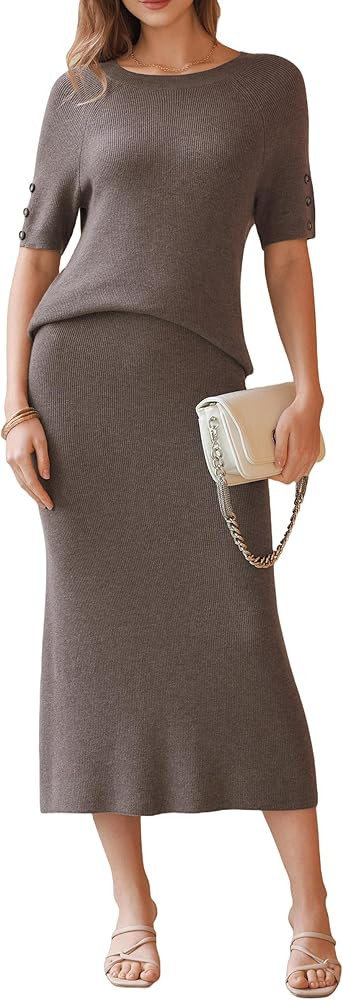 Arach&Cloz Women's Wool Blend Sweater 2 Piece Sets Business Casual Short Sleeve Top Midi Dress Ou... | Amazon (US)