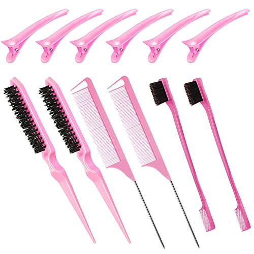 Goiple Hair Styling Brush Set, 12 Pieces Nylon Teasing Hair Brush Rat Tail Comb with Duckbill Clips, Double Sided Edge Brush for Edge & Back Brushing, Combing, Slicking Hair for Women Girls (Pink) | Amazon (US)