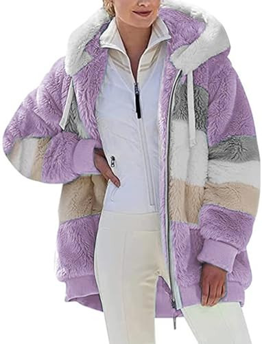 Fleecejacke Hoodie Damen Kapuzenpullover Teddy-Fleece Warm Herbst Wintermantel Stilvoller ReißVerschluss Fellmantel PlüSchjacke Mit Taschen (Lila, XL) | Amazon (DE)