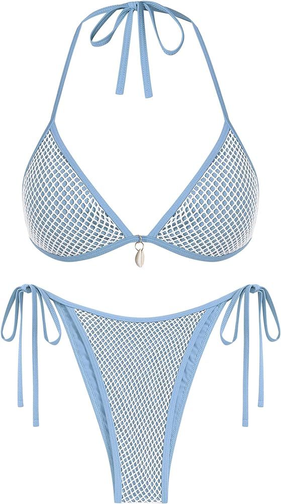 ZAFUL Womens Trendy Halter Bikini Sexy Triangle Bikini Sets Fishnet String Bathing Suits 2 Piece ... | Amazon (US)