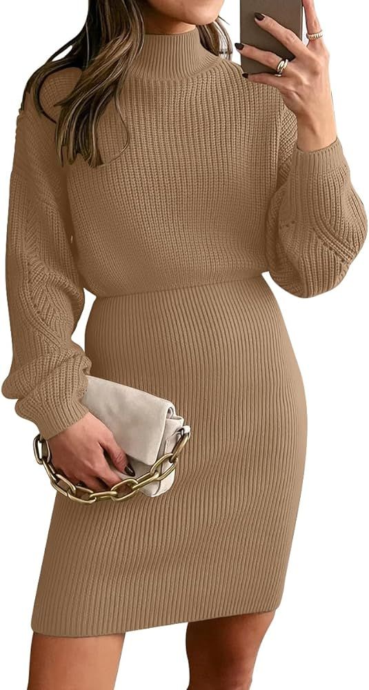 Women's Mock Neck Trendy Lantern Sleeve 2023 Ribbed Knit Bodycon Pullover Sweater Dress      
 Po... | Amazon (US)