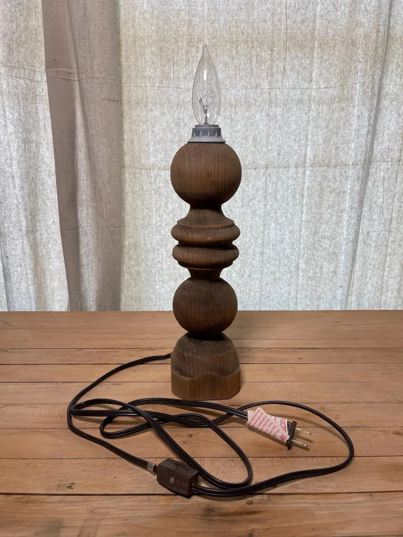 Vintage Wood Turned Handmade Spindle Sculpted Table Lamp Electric Flameless Candle Light - Etsy | Etsy (US)