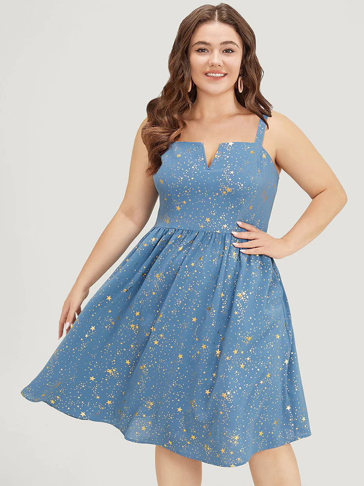 Star Print Pocket Notched Flutter Hem Glitter Cami Dress | Bloomchic