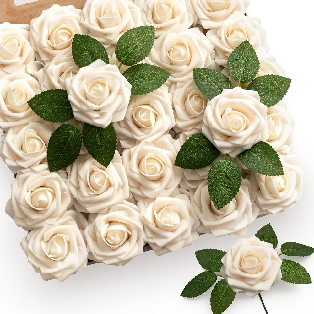 Mocoosy 50Pcs Rose Artificial Flowers, Cream White Fake Roses for Decorations, Real Touch Beige F... | Amazon (US)