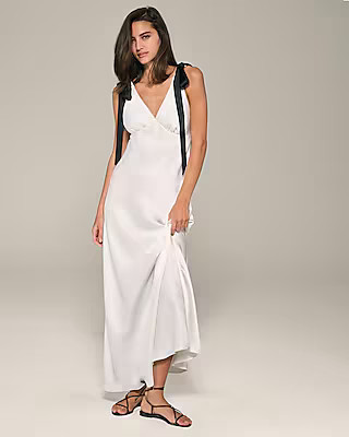 Satin V-Neck Sleeveless Tie Shoulder Maxi Slip Dress | Express