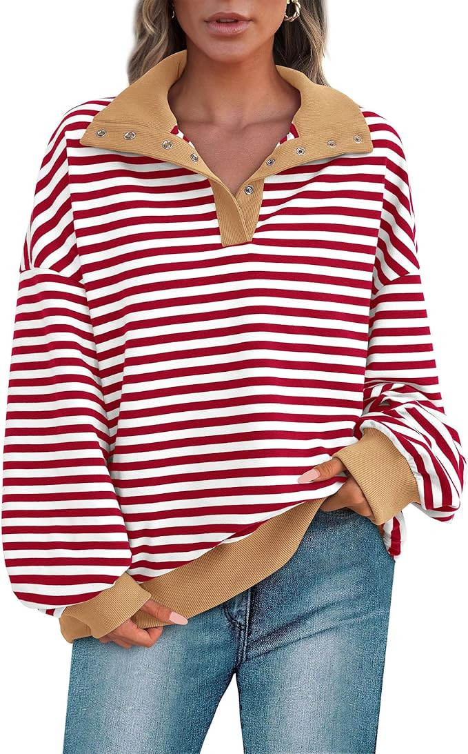 PRETTYGARDEN Women's Oversized Striped Sweatshirts Spring Fall Trendy Casual Long Sleeve Button U... | Amazon (US)