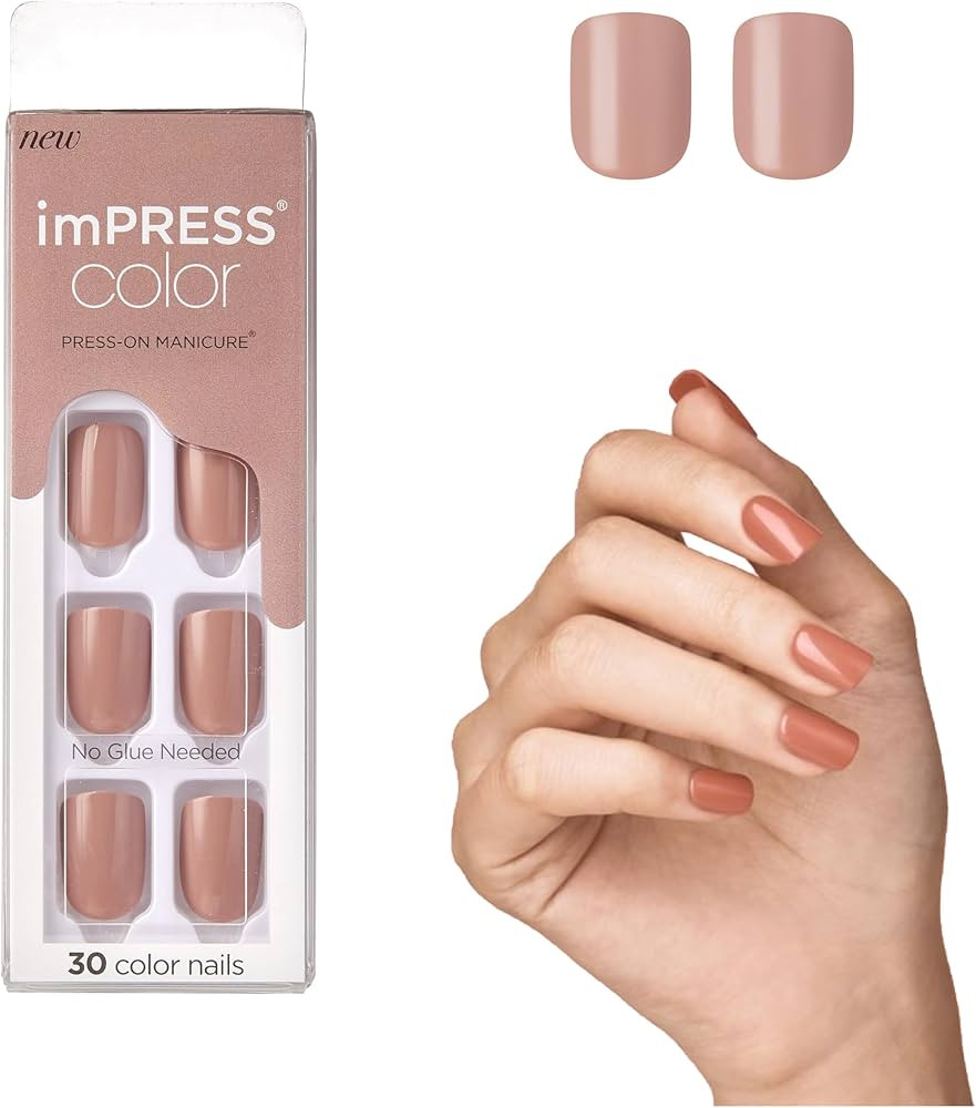 KISS imPRESS No Glue Mani Press On Nails, Color, 'Sandbox', Pink, Short Size, Squoval Shape, Incl... | Amazon (US)